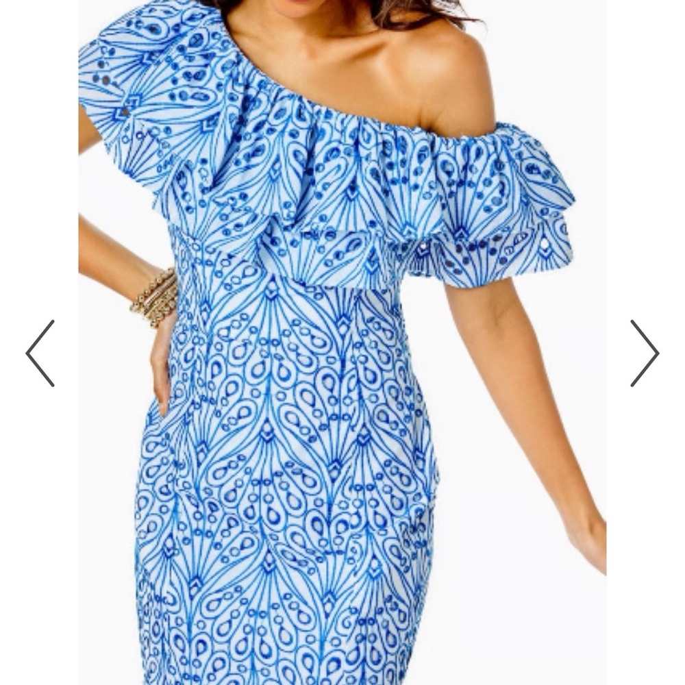 NWT Lilly Pulitzer Sundea One Shoulder Eyelet Shift Dress Blue Tang Size 12 - Picture 2 of 12